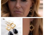 Vermeil Quatrefoil with Black Onyx Teardrop. Gold Clover Dangle Earrings. Vermeil Ear Wires. Bridesmaids Earrings.