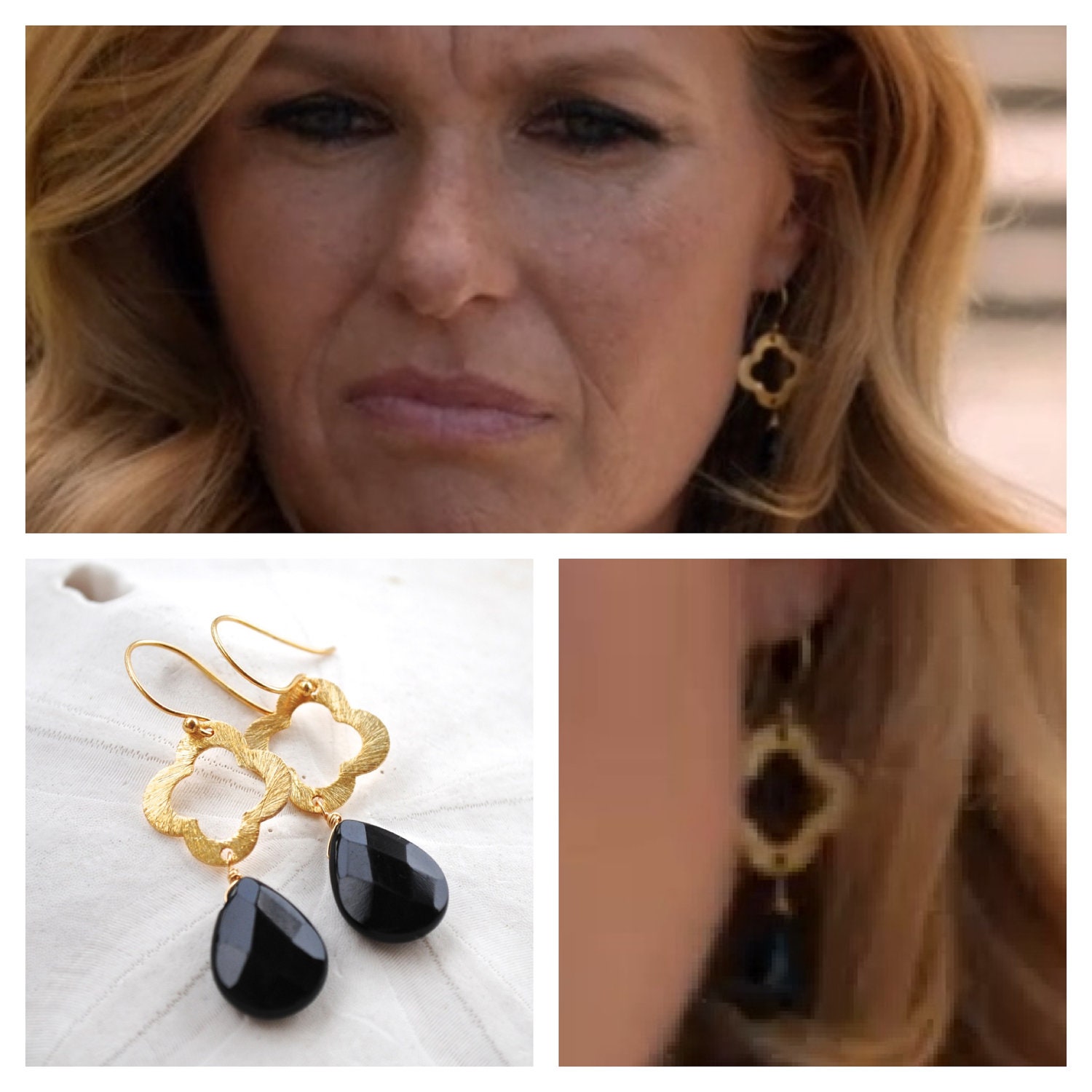 Vermeil Quatrefoil with Black Onyx Teardrop. Gold Clover Dangle Earrings. Vermeil Ear Wires. Bridesmaids Earrings.