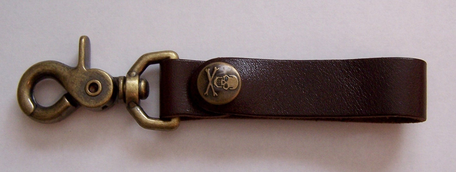 Darkwear Clothing Brown Leather Key Fob/Steampunk Harness Clip Belt Clip Tankard Strap w Antique Brass