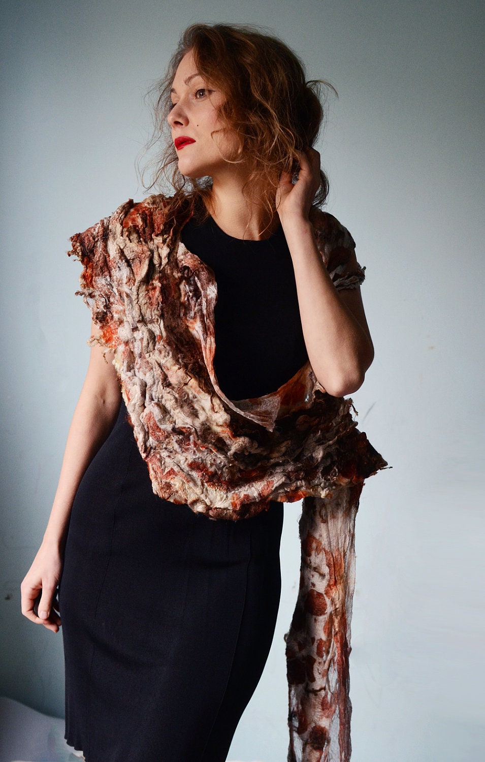 Eco fashion accessory  Nuno felted and eco printed shawl scarf  from natural silk and wool dyed with plants OOAK