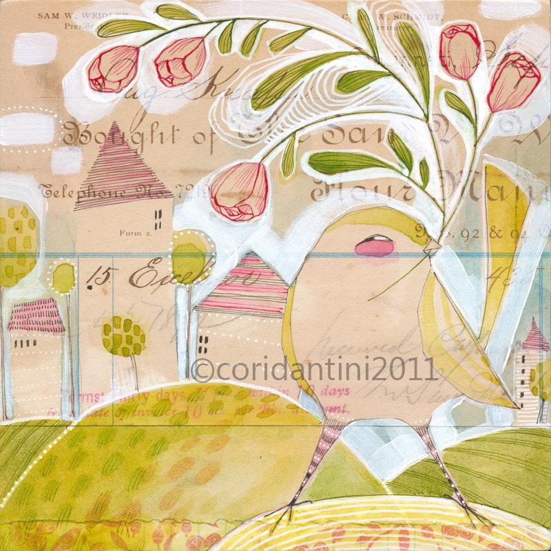 whimsical watercolor folk painting of a bird - 8 x 8 - limited edition and archival print by cori dantini