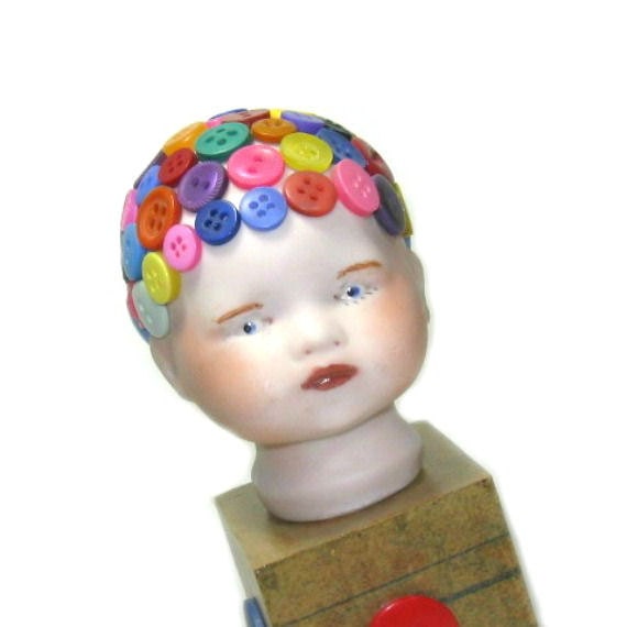 Original Mixed Media Art Doll Button Head Assemblage Doll Home Decor