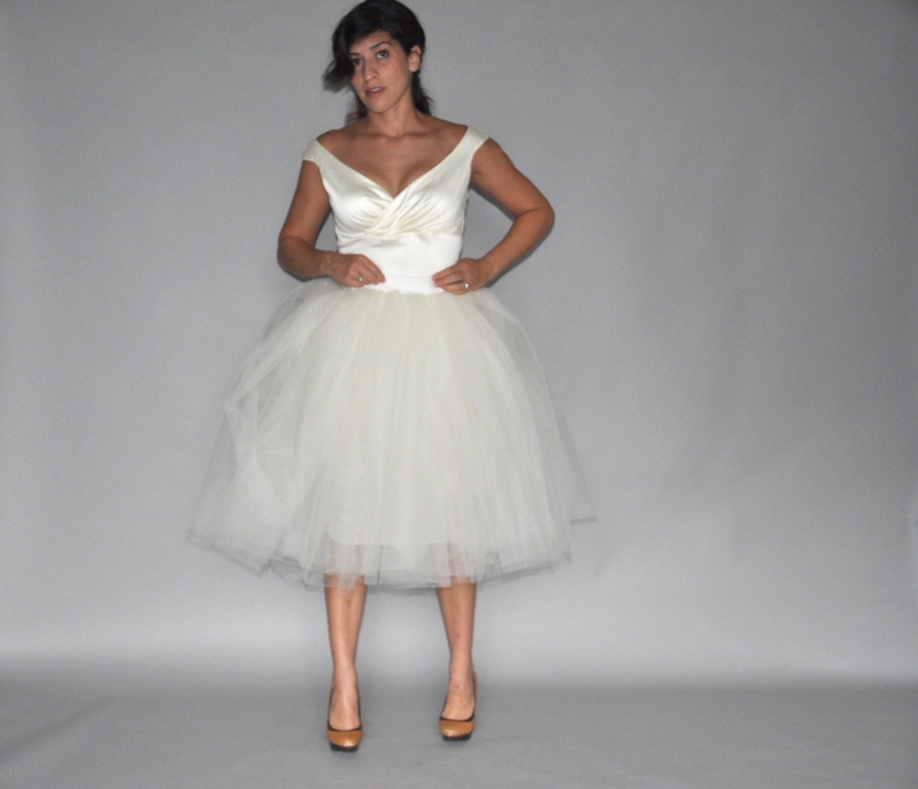 Convertible Tulle Ivory "Mia Pencil" Dress in Stretch Cotton Sateen with Portrait Neckline