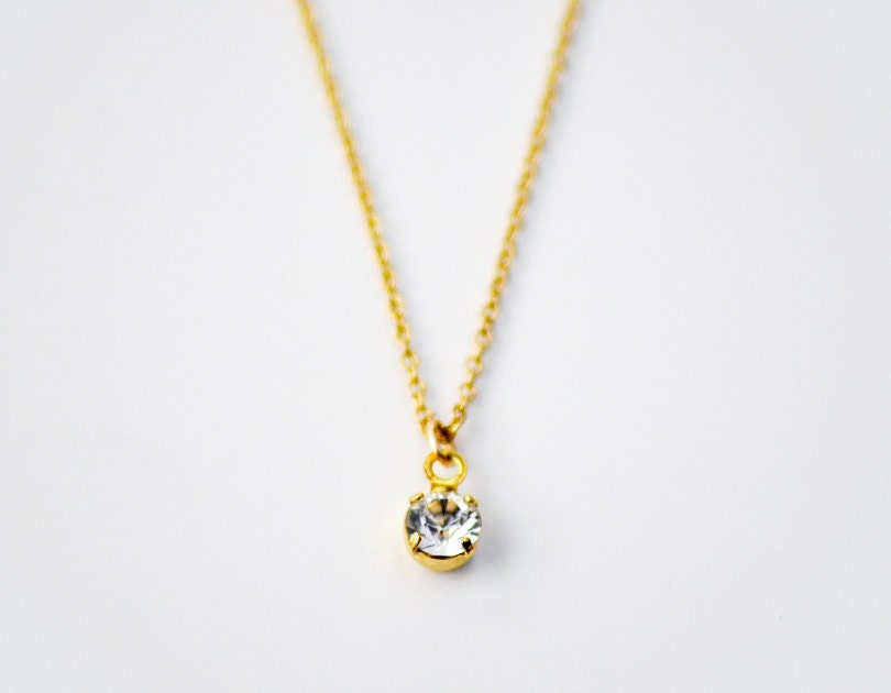 Tiny rhinestone crystal gold necklace - petite charm on delicate 14k gold filled chain