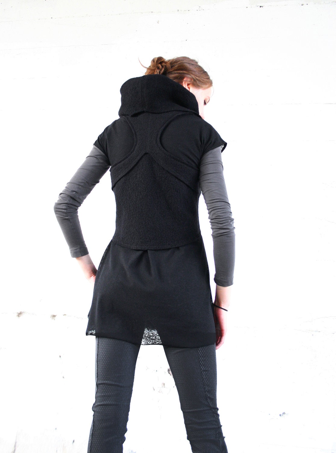 ON SALE-THORA-Boiled Wool Cropped Vest w/ Cowl Collar and Racer Back-Black