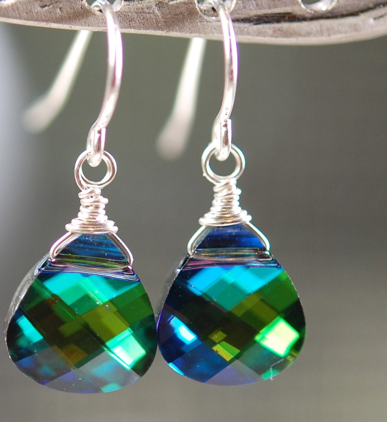 Bridesmaid Earrings, Peacock Swarovski Crystal Wire, Aqua Sphinx Wrapped on Sterling Silver French Ear Wires