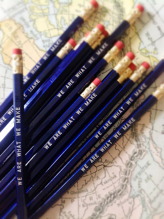 We are what we make pencil 6 pack in metallic blue. Made in USA.