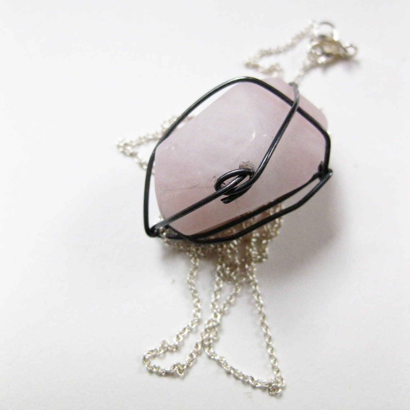 Shorepine - pale rose quartz in a black silver cage on sterling silver necklace - Brazen Design West Coast Collection