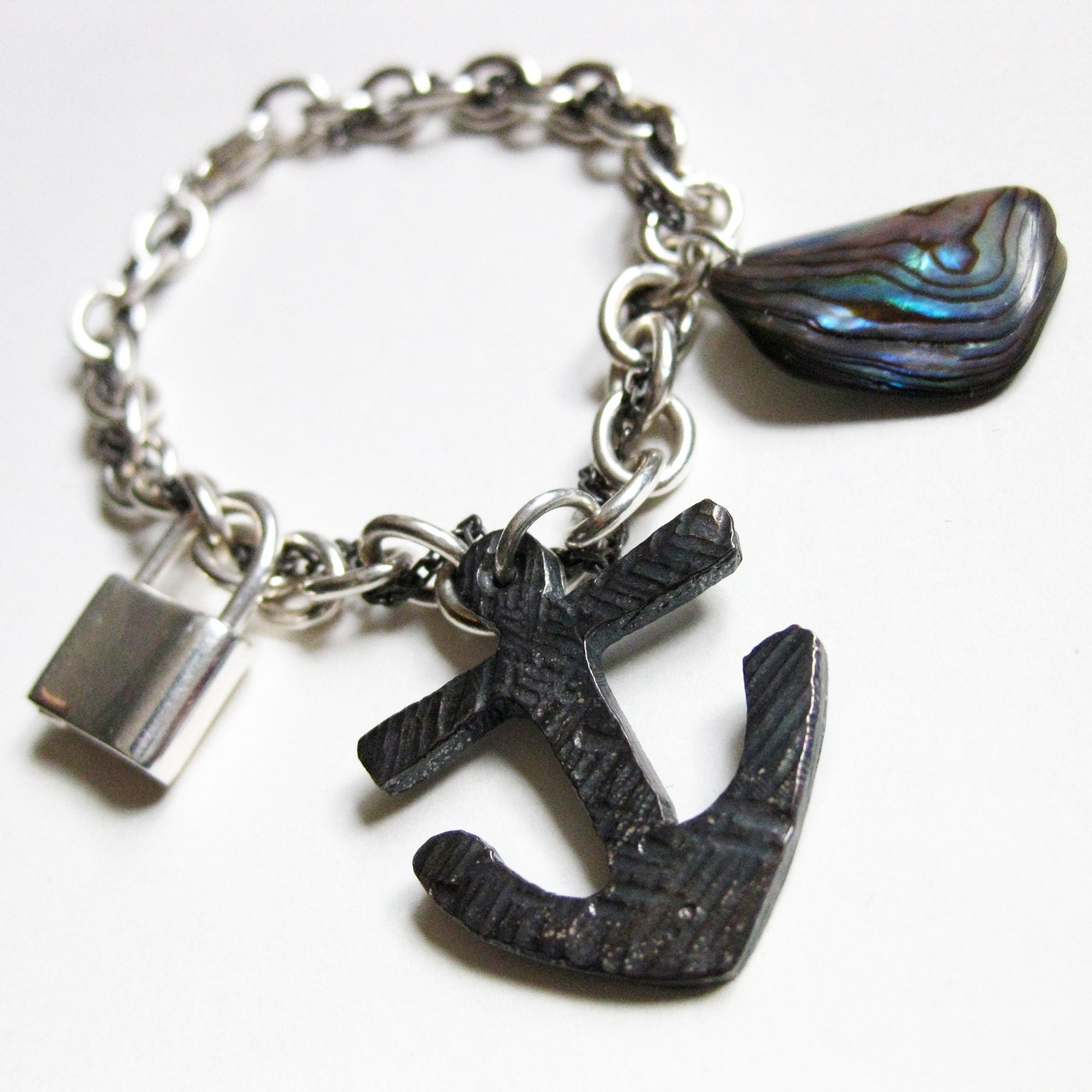 Amphitrite - mother of pearl, black silver anchor and lock bracelet - Brazen Design West Coast Collection
