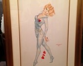 VALENTINE Key to my Heart DEMARTINI Original Pin-Up Fencing Swords Vintage Burlesque Painting Vargas Varga pinup Great Value Sale