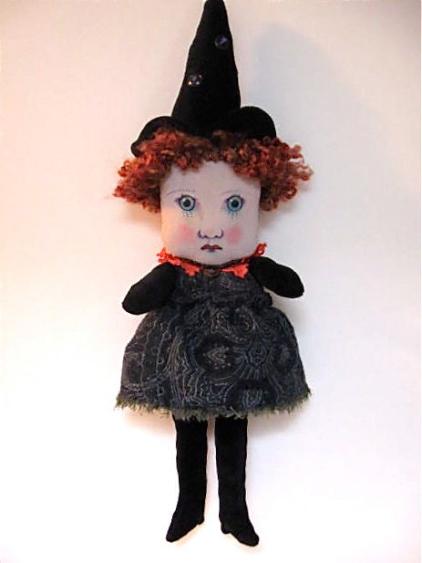 Halloween redhead art doll-- witch doll- ugly cute- euc team- black velvet- ooak art doll