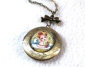 Victorian Locket, Girl Art Charm Necklace, Gold Bronze Vintage Inspired Beaded Jewelry, Original Art Print, Green