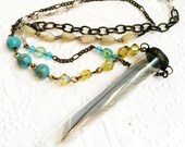 Feather Necklace Glass Vial Feather Necklace Blue Feather Vial Pendant Vintage Bead Chain and Rosary Assemblage Feather Vial