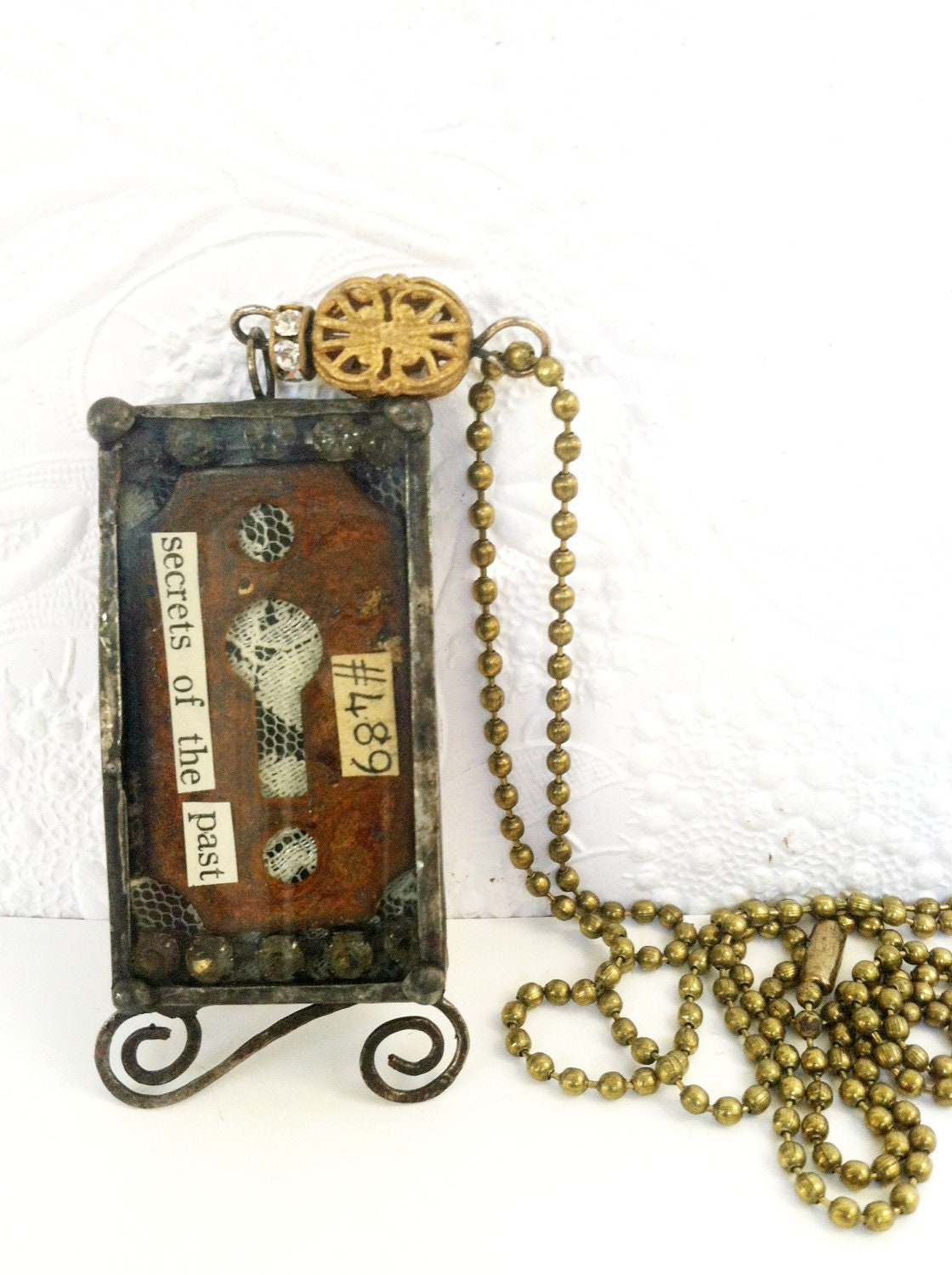 Antique Brass Keyhole Reliquary Necklace Keyhole Collage Art Shadowbox Metal And Lace Soldered Glass Diorama Eclectic Keepsake Jewelry
