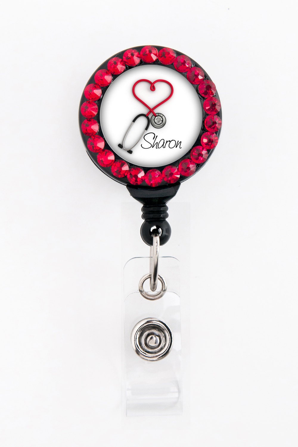 Name Badge Reel - Red Heart Steth - Personalized with Swarovski Rhinestones