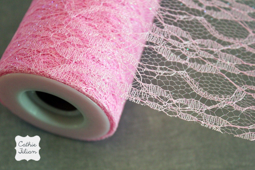 Pink Sparkle Lace Tulle - 5 Yards - 6" - favors, streamers, pom-poms, tutus, weddings, showers, party decoration, bows