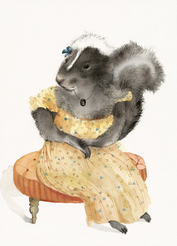 Skunk art- Skunk Watercolor print - "Stinky Mae" animal art-  nursery art, yellow