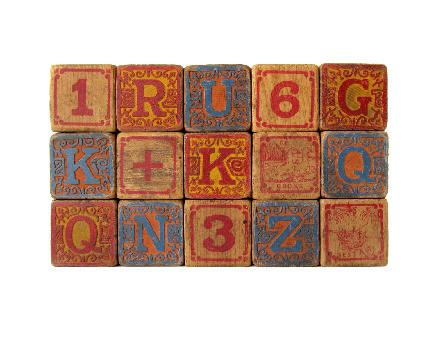 Antique ALPHABET Blocks - Set of 15 Embossed Wooden Blocks