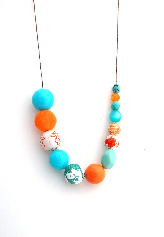 Asymmetrical Orange and Aqua Beaded Necklace Buy 3 Get 1 Free