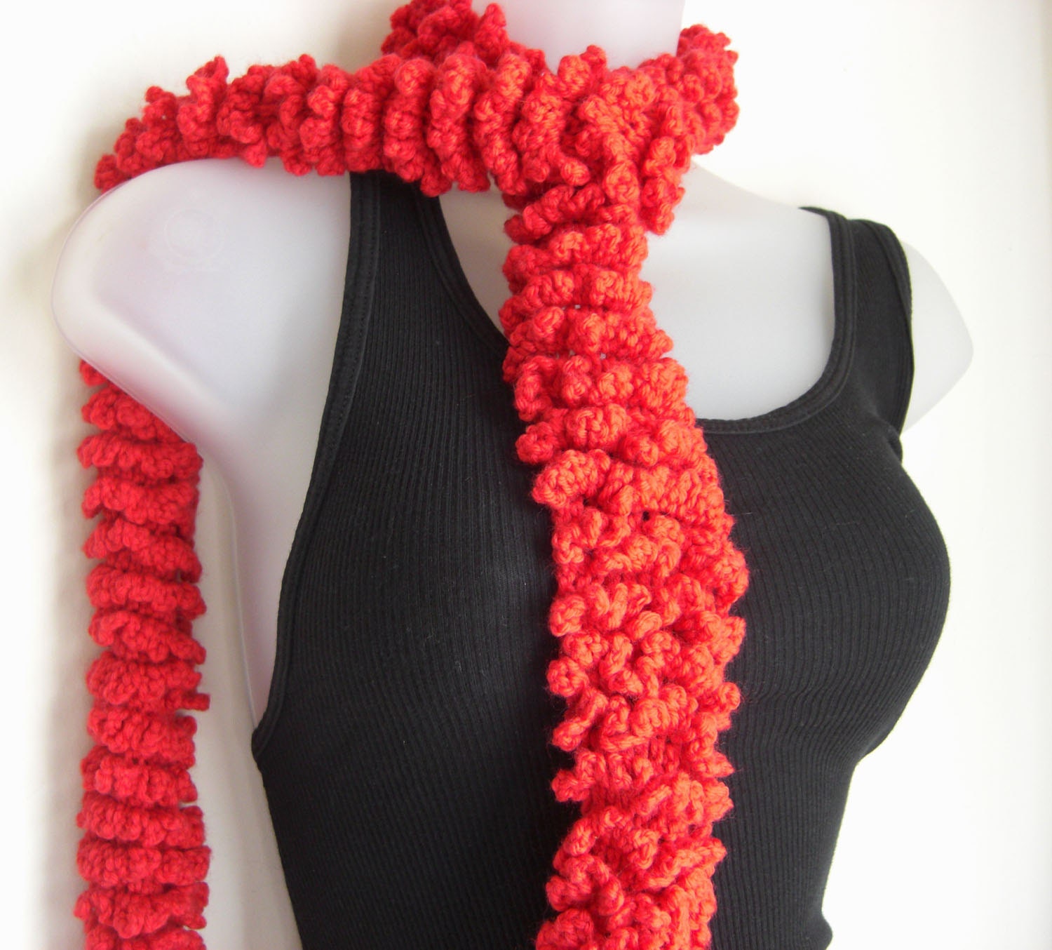 Red Shaggy Scarf - Warm Crochet Scarf