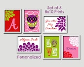 Pink Blue Orange Personalized Owl Flower Name Set of 6 Prints Custom Wall Decor Art Bedroom Picture Girl Child Nursery Sunshine Love Dream