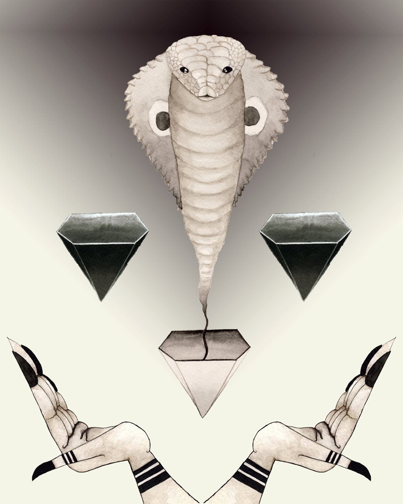 8x10 Watercolor Cobra Snake Serpent Giclee print geometric surreal fantasy dream art painting grey black white