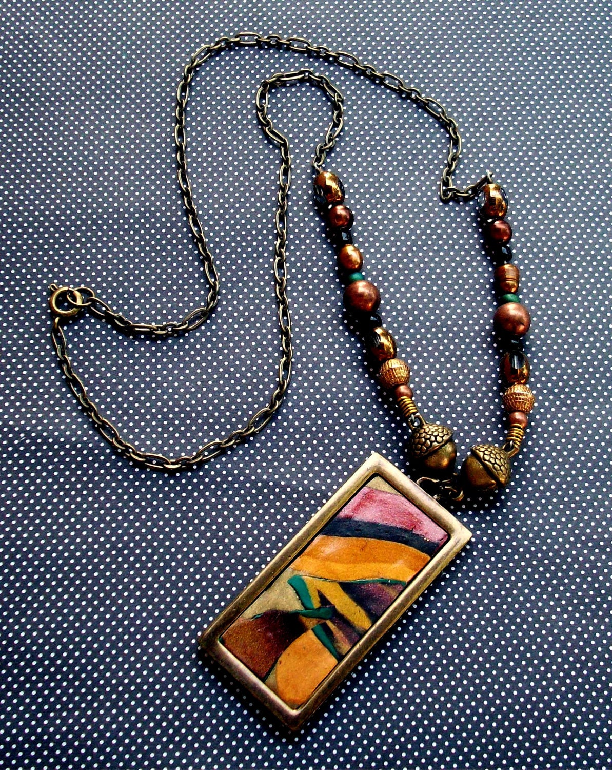 Autumn Necklace Polymer clay with Glass, Metal and Acorn Beads