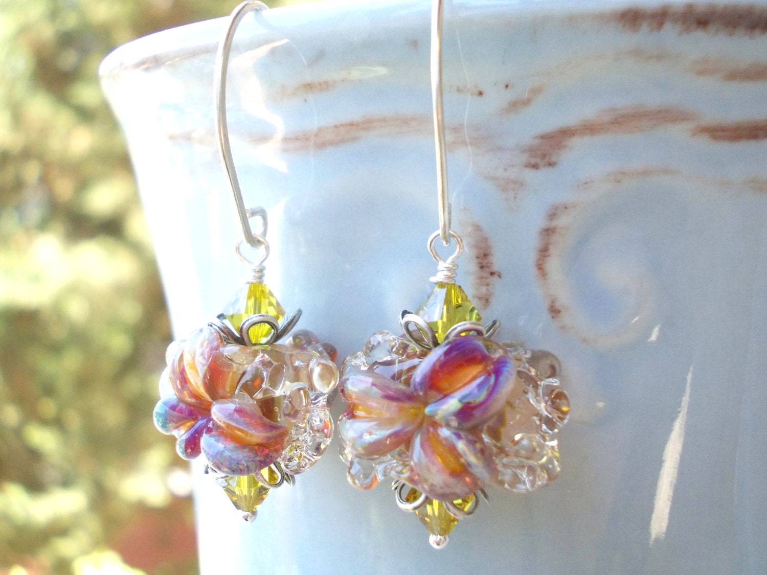 Water Opal Flower earrings sterling silver dangle handmade lampwork beads lime red fuchsia pink purple blue floral bouquet women girl