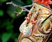 Vibrant dyed Turquoise discs, red coral , clay art cabachon  on Vintage brass filigree gold earrings - fiesta de color