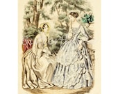 Antique Fashion Plate, 1851 - Handcolored -  Ladies in Crinolines - Anais Toudouze