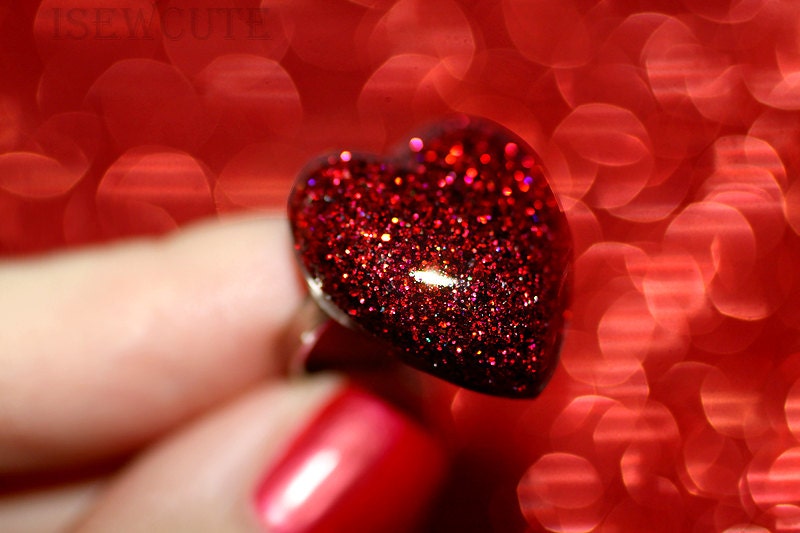 Resin Jewelry - Ring - Red Heart Jewelry Ring Sparkly Heart Shape Handmade Glitter Jewelry for Women & Teen Girls by isewcute