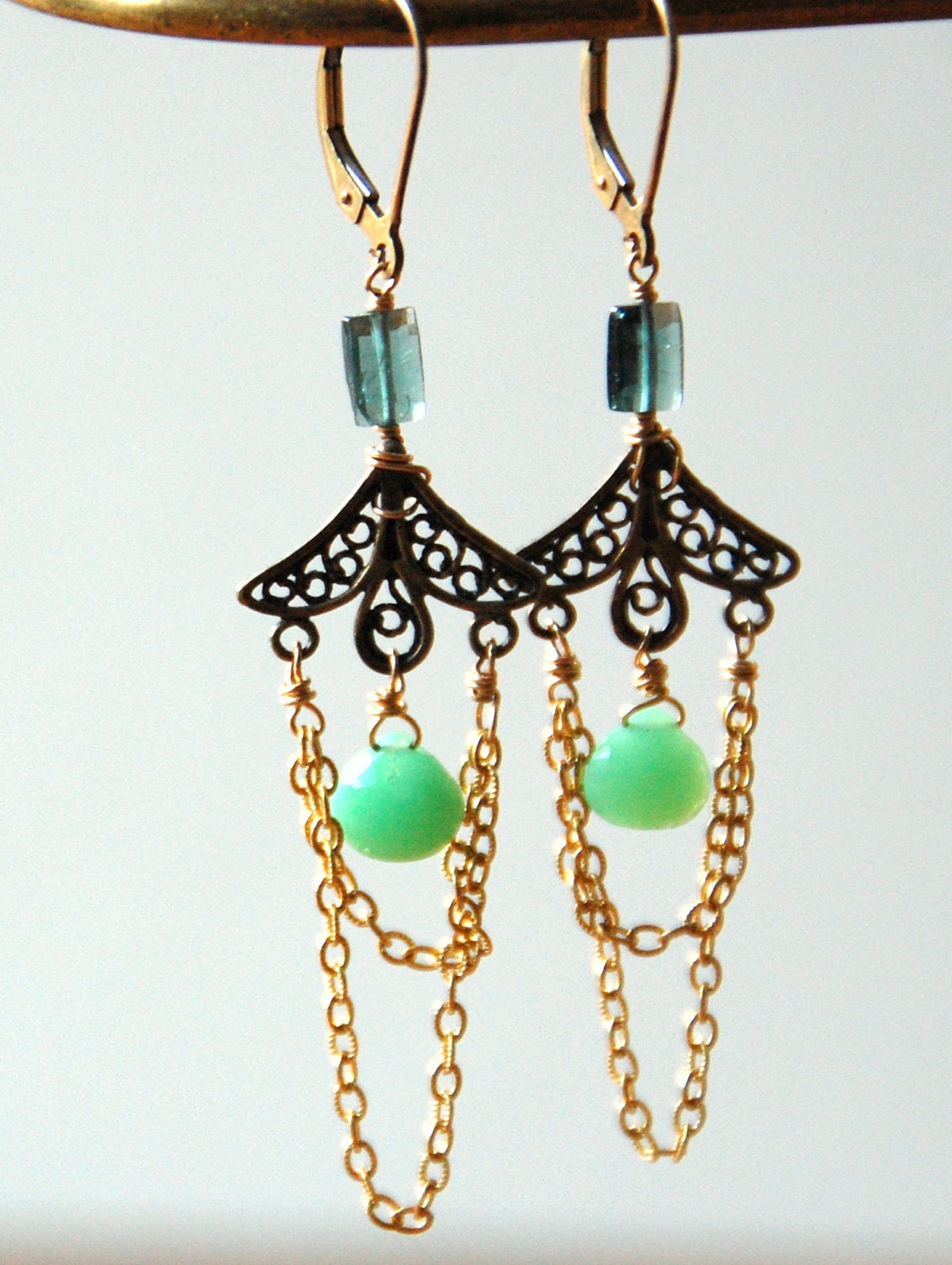 Green Tourmaline & Crysophrase Chandelier Earrings - 14k Gold Filled - One of a Kind