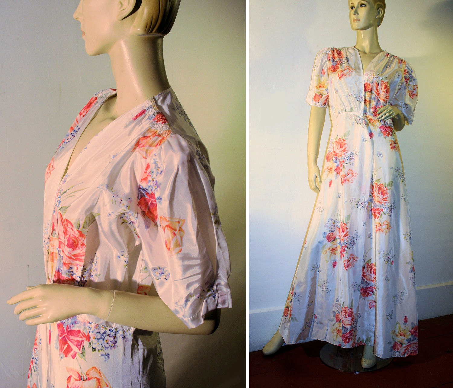 1940's White Satin Floral Robe or House Dress Roses M