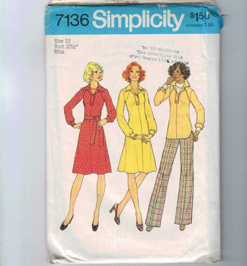 1970s Vintage Sewing Pattern Simplicity 7136 Dress Top Pants Wide Leg Size 10 Bust 32 1/2 1975 70s