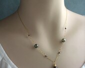 Grace Necklace - Green Pearl and Smoky Quartz Briolette Drop in 14k Gold fill