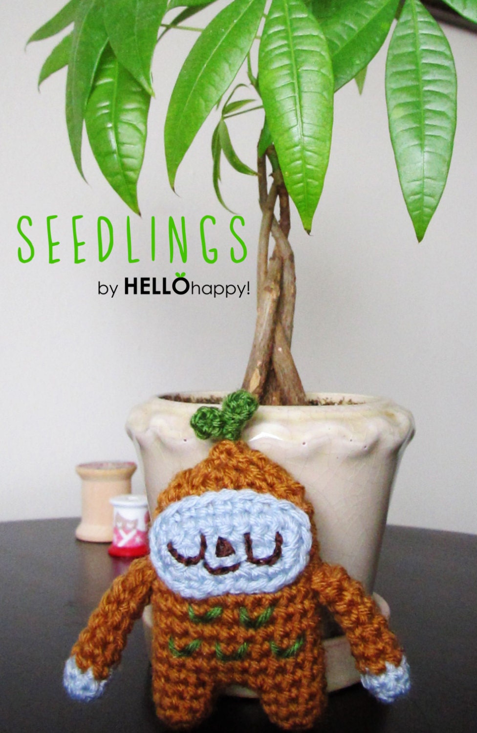 Seedling 006 - cute little amigurumi plant seedlings - brown with blue and dark green leaves