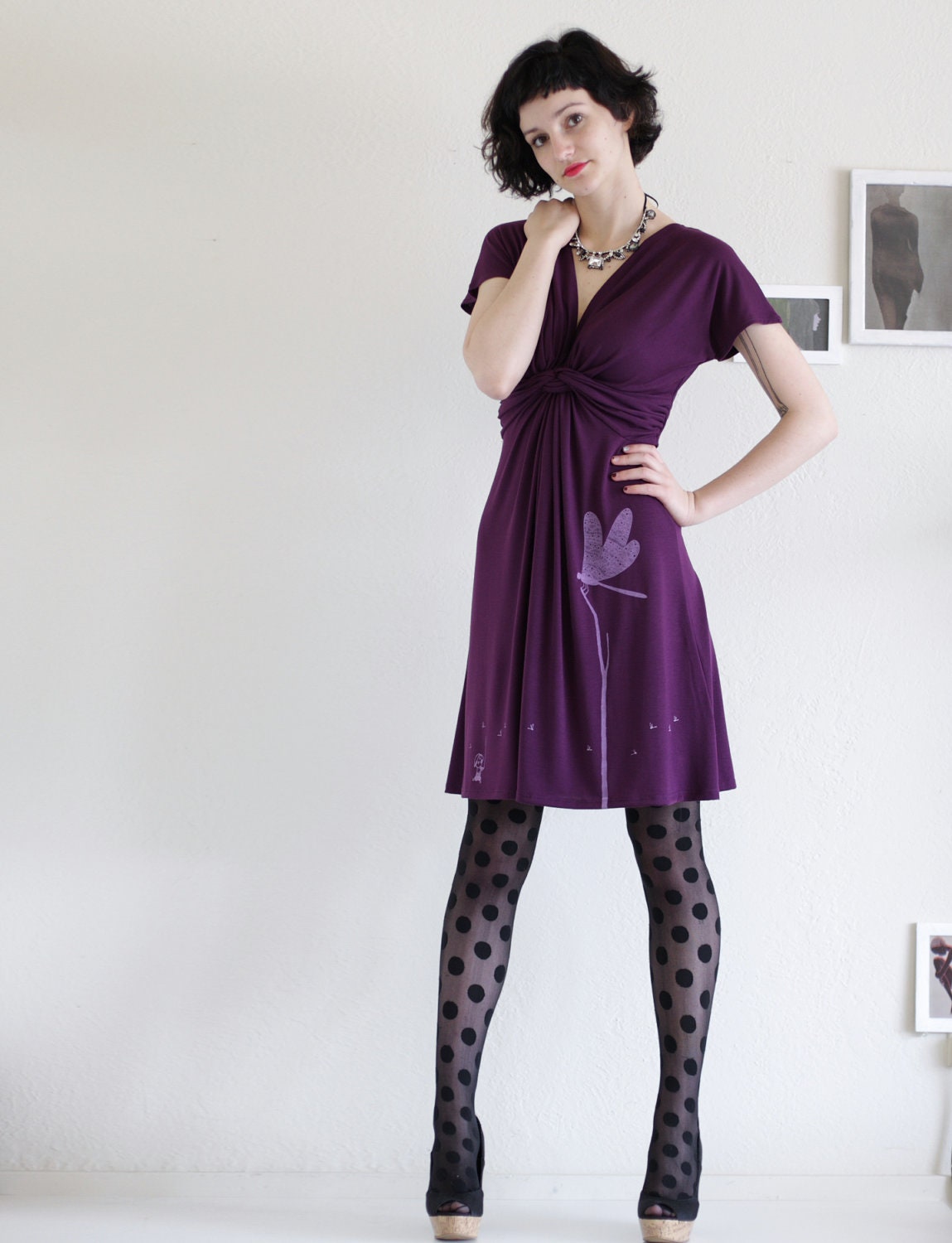 Womens Fashion- Twist front Jersey V-neck Knee length Purple Party Dress - Catching the drangonfly - size Small
