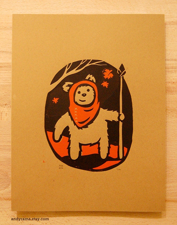 STAR WARS Wicket the Ewok lino block print