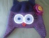Crocheted Owl Hat Purple Girly - Baby, Toddler, Child or Preteen Size - Adult Size Must Add On