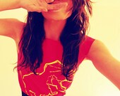 TRex tshirt dress - eco-friendly yellow ink screenprint on red cotton - womens sizes S, M, L, XL