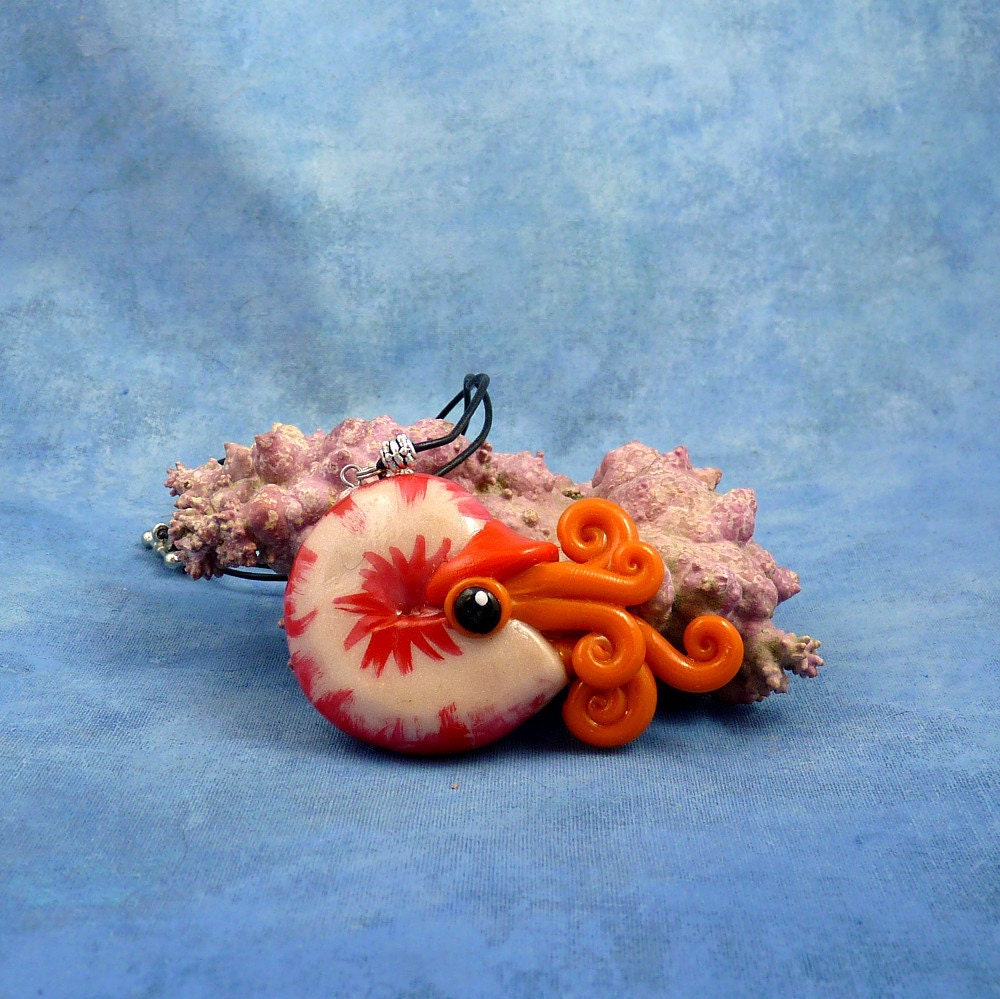 Sun Spot Nautilus Necklace, Red and Orange Polymer Clay Cephalopod Jewelry