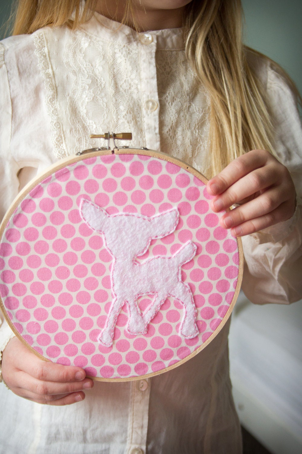Deer Fawn Embroiderd Art on Pink Polka Dot Print