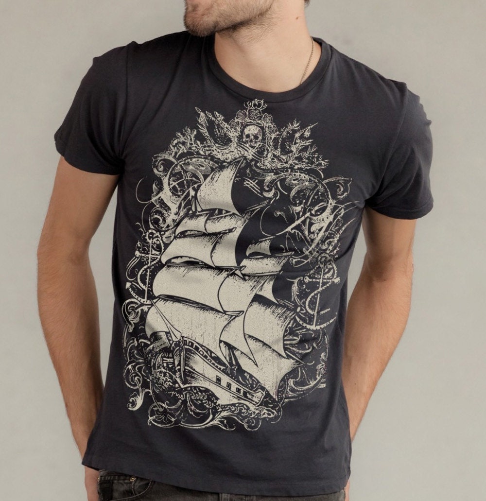 Old World Sailing Ship T-shirt, Organic Cotton Earth Coal, mens tshirt, women's t-shirt gift