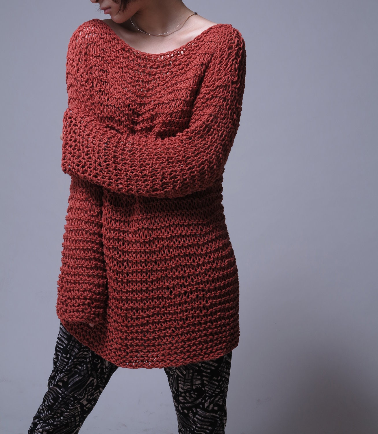 Hand knit sweater - Eco cotton oversized sweater in Brick Red