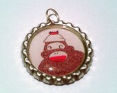 NECKLACE Sock Monkey bottle cap pendant with ball chain