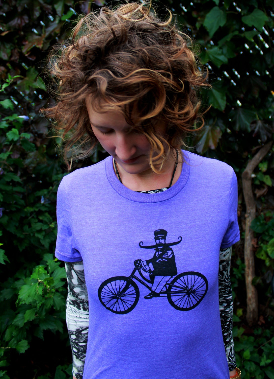 Moustache on a Bicycle Art Nouveau Faded Style in Heather Blue ORGANIC Tshirt Urbarian New York- Men- Women