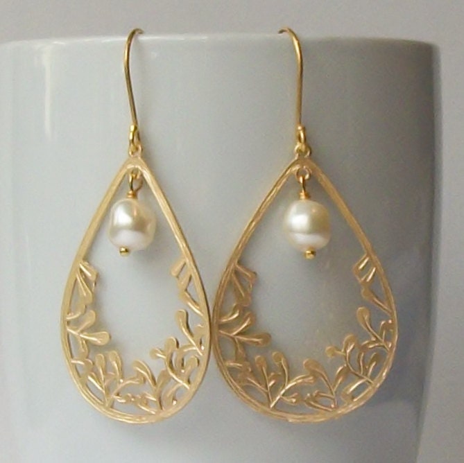 Gold and Pearl Dangle Earrings, Pearl Earrings