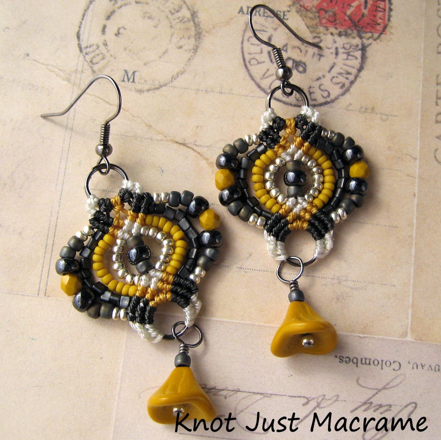 RESERVED for Shauna Mustard Yellow and Gray Beaded Macrame Earrings