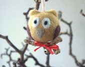 Needle felted owl with jingle bell ornament crochet branch gray beige eco friendly gift children birthday bedroom decor fun fantasy ball