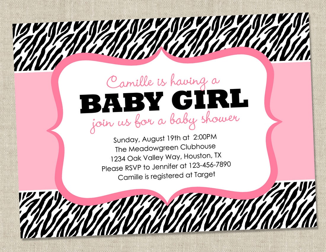 Zebra Baby Shower Invitation - pink animal pattern - baby girl shower invite (Printable Digital File OR Printed Cards)